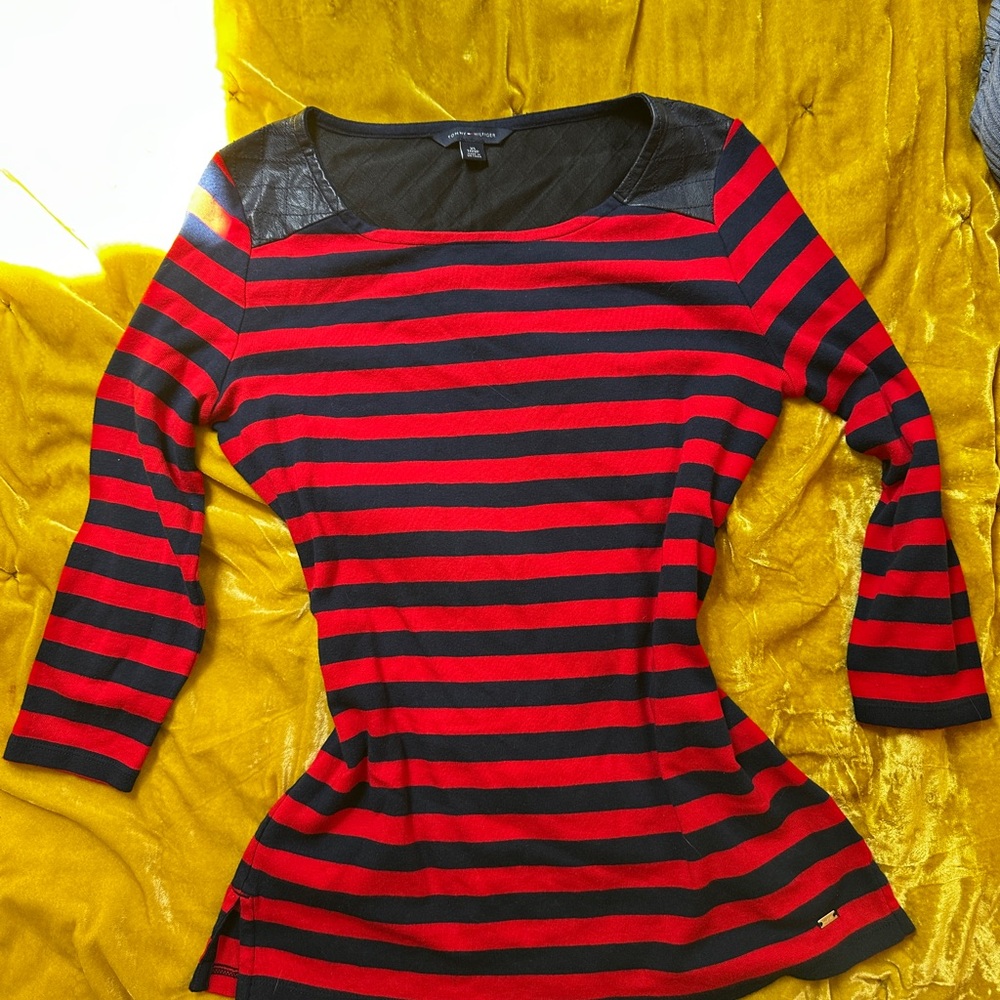 Tommy Hilfiger Striped Red and Navy Blue Leather Accent Women's Top